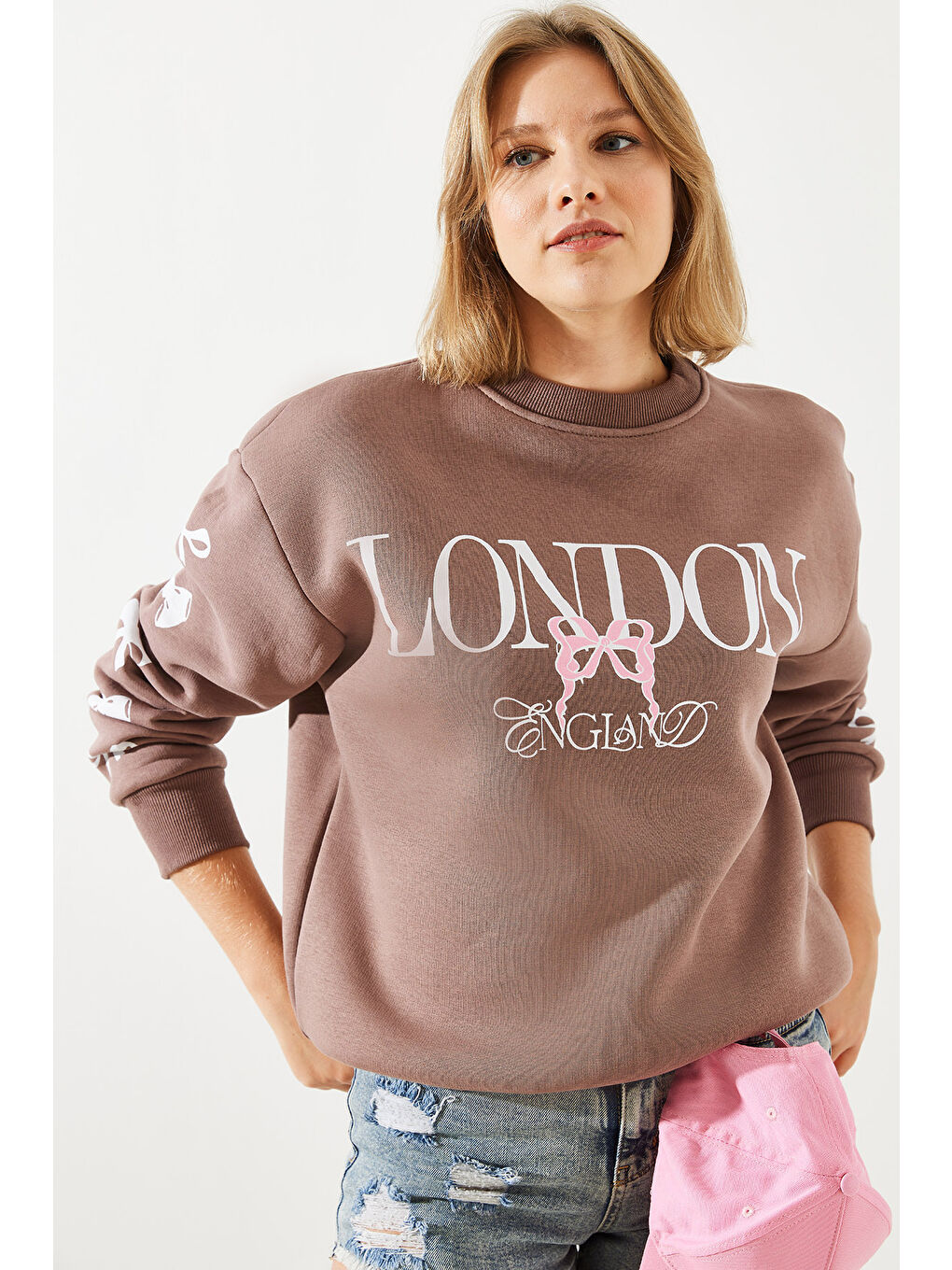 Kahverengi Kadın Üç İplik Şardonlu London Life Grafik Baskılı Sweatshirt MBHS-5