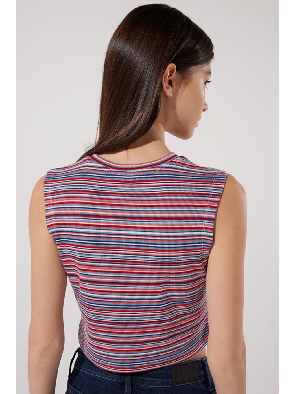 Karışık Slim Fit Dar Kesim Bisiklet Yaka Kolsuz Crop Renkli Esnek Tişört-4