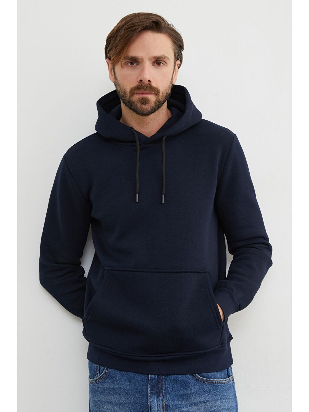 Lacivert Basic Kanguru Cepli Kapüşonlu Sweatshirt