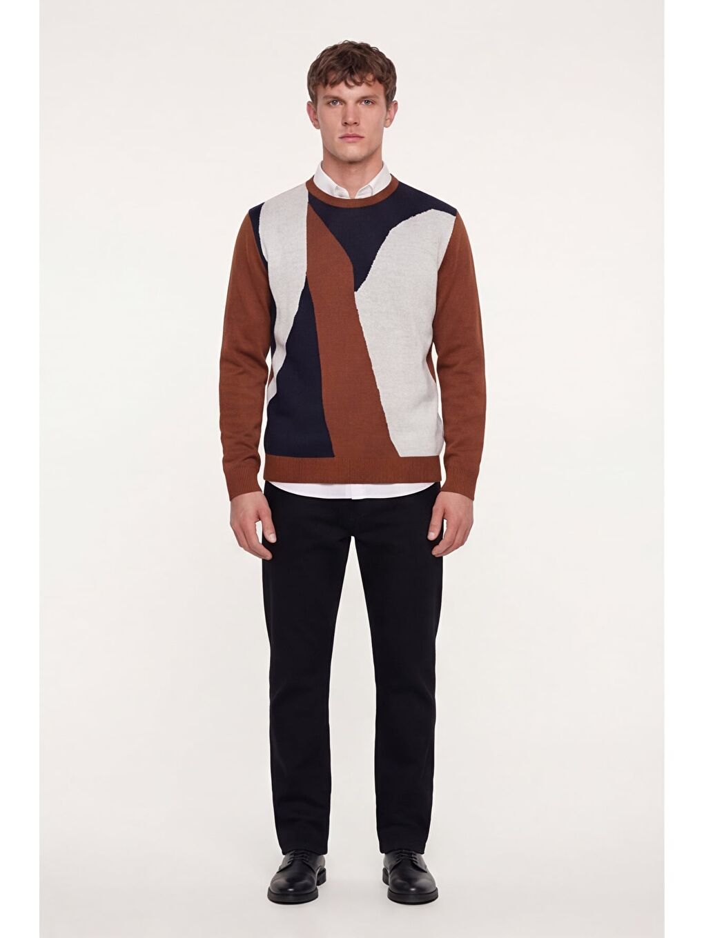 Kahverengi Erkek Kiremit Normal Kesim Regular Fit Yünlü  Desenli Bisiklet Yaka Triko Kazak-1