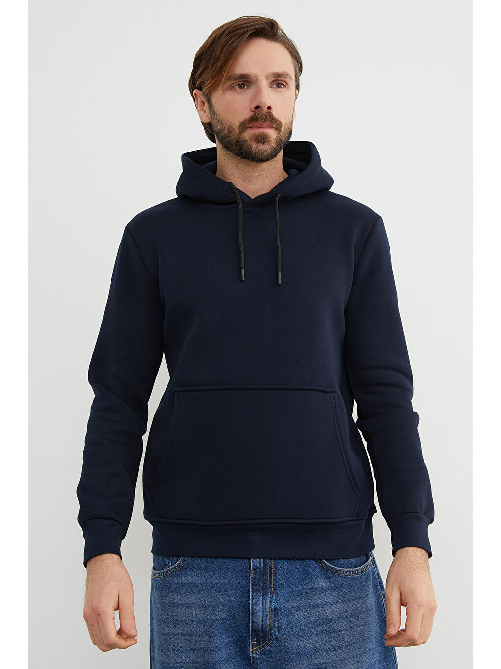 Lacivert Basic Kanguru Cepli Kapüşonlu Sweatshirt-1