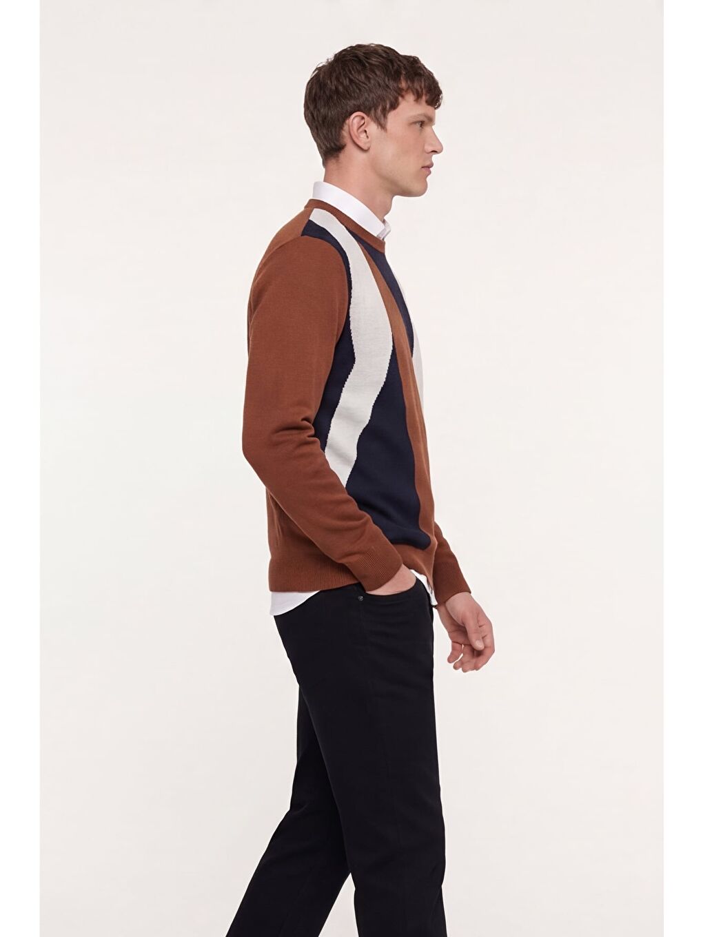 Kahverengi Erkek Kiremit Normal Kesim Regular Fit Yünlü  Desenli Bisiklet Yaka Triko Kazak-2