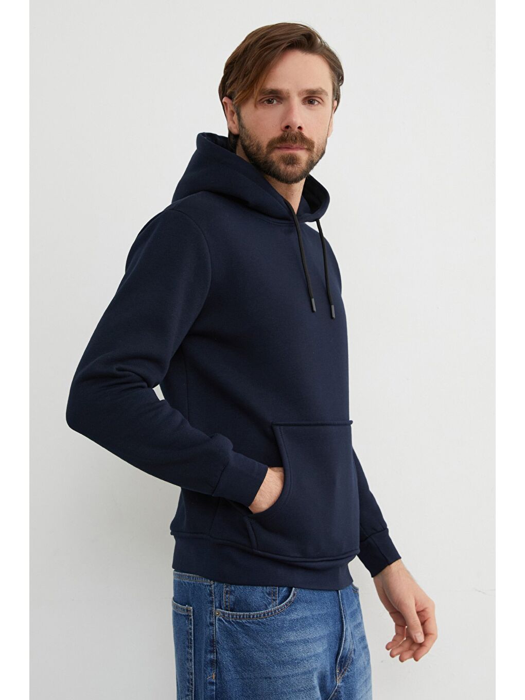 Lacivert Basic Kanguru Cepli Kapüşonlu Sweatshirt-2