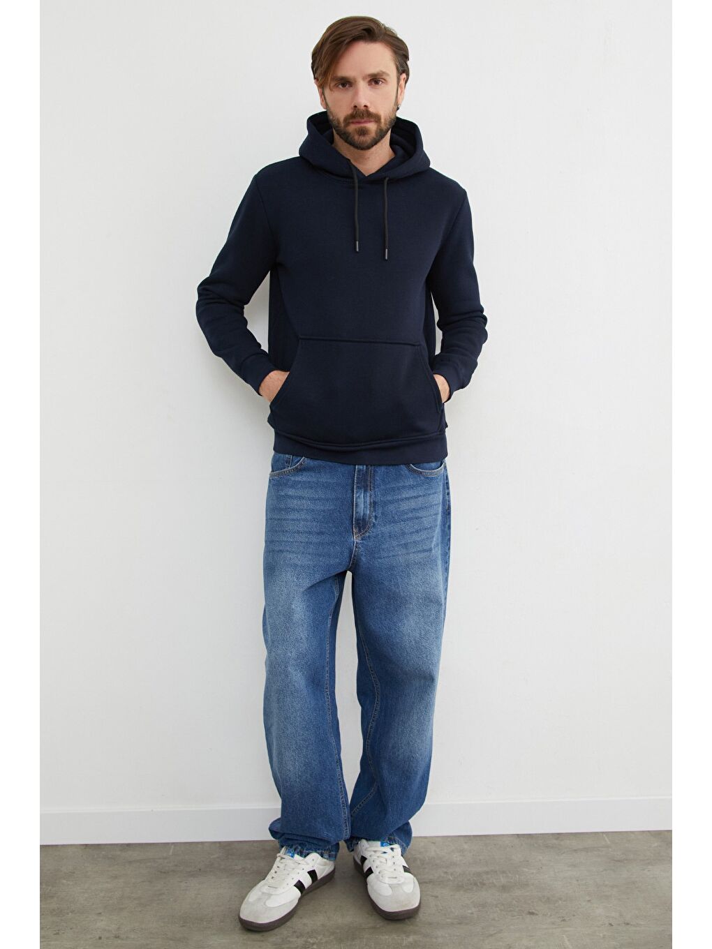 Lacivert Basic Kanguru Cepli Kapüşonlu Sweatshirt-3