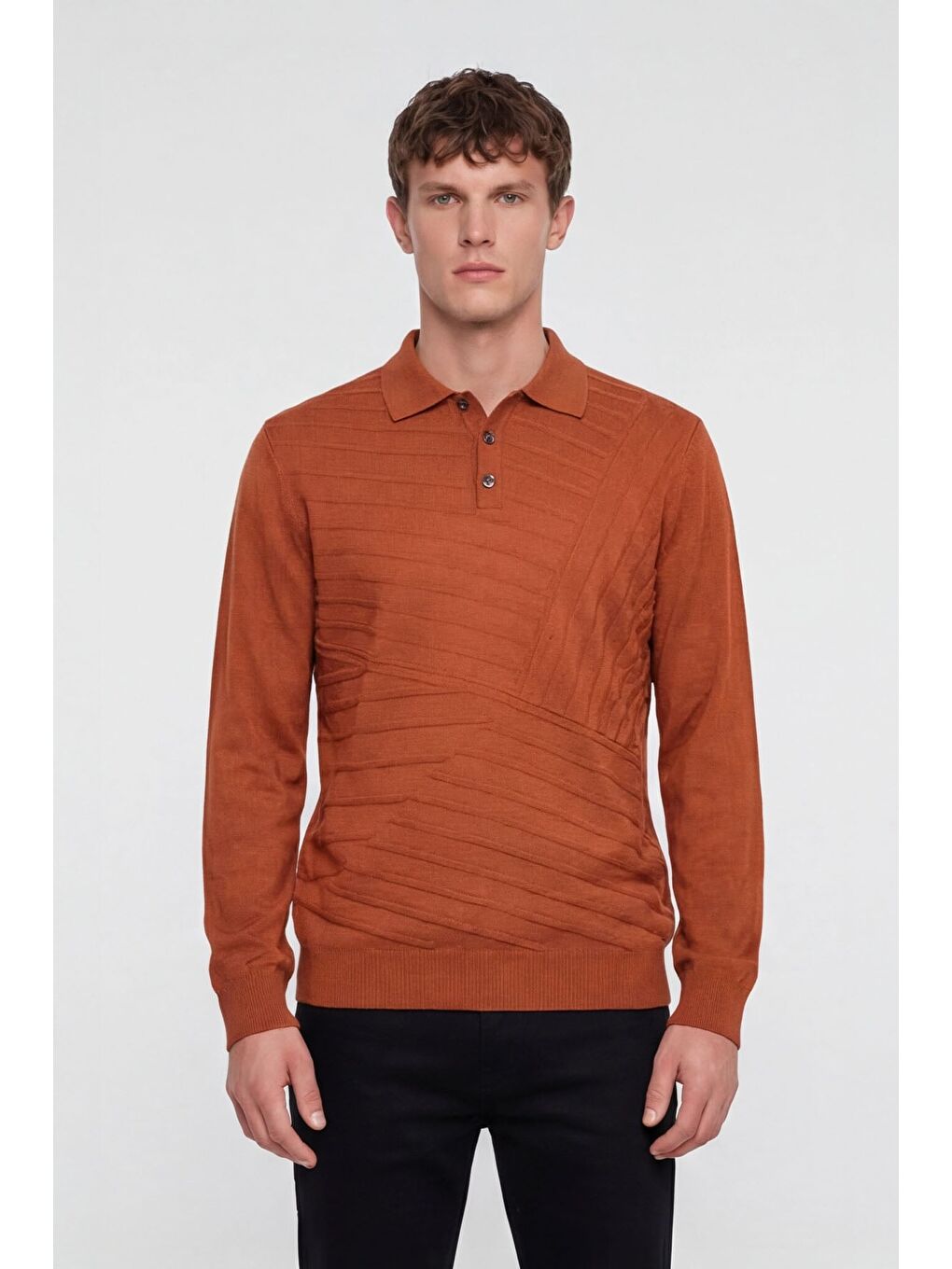 Kahverengi Erkek Kiremit Normal Kesim Regular Fit Yünlü Düğmeli Polo Yaka Triko Kazak