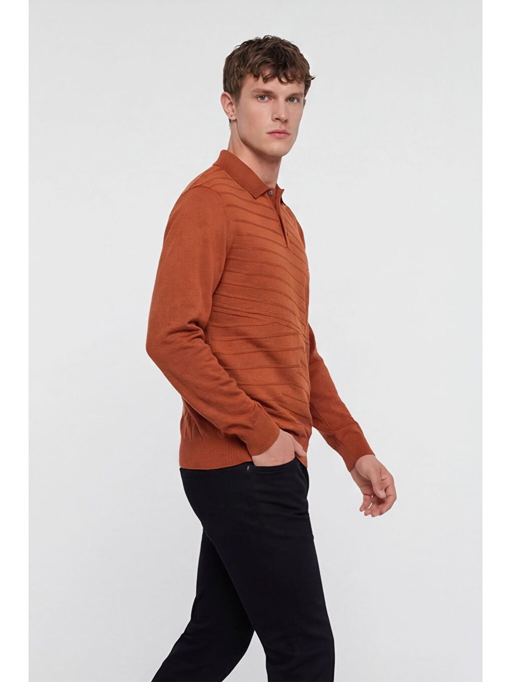 Kahverengi Erkek Kiremit Normal Kesim Regular Fit Yünlü Düğmeli Polo Yaka Triko Kazak-2