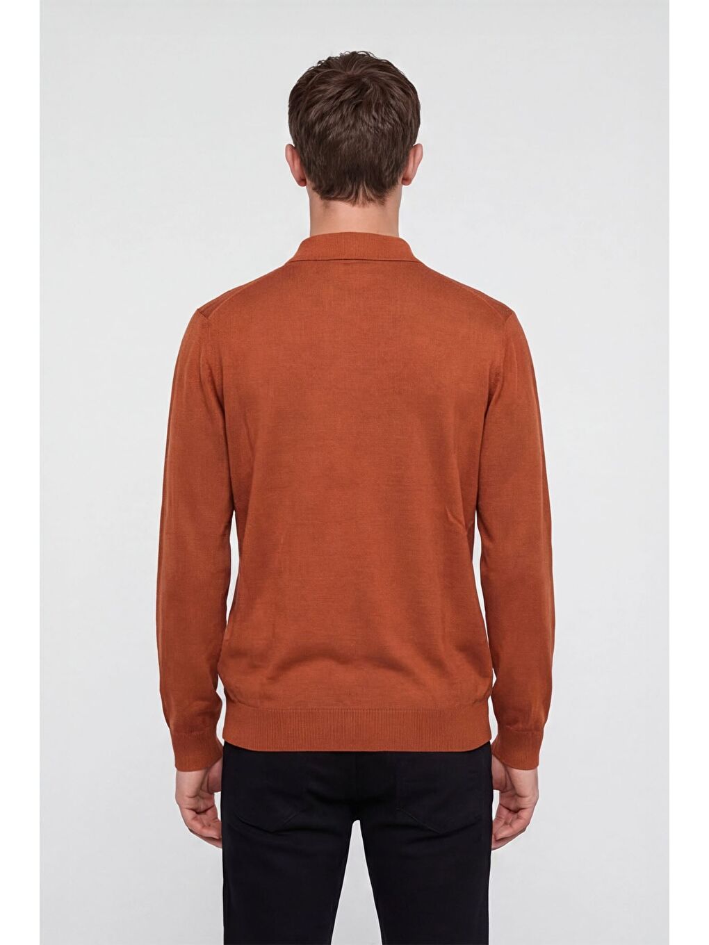 Kahverengi Erkek Kiremit Normal Kesim Regular Fit Yünlü Düğmeli Polo Yaka Triko Kazak-3