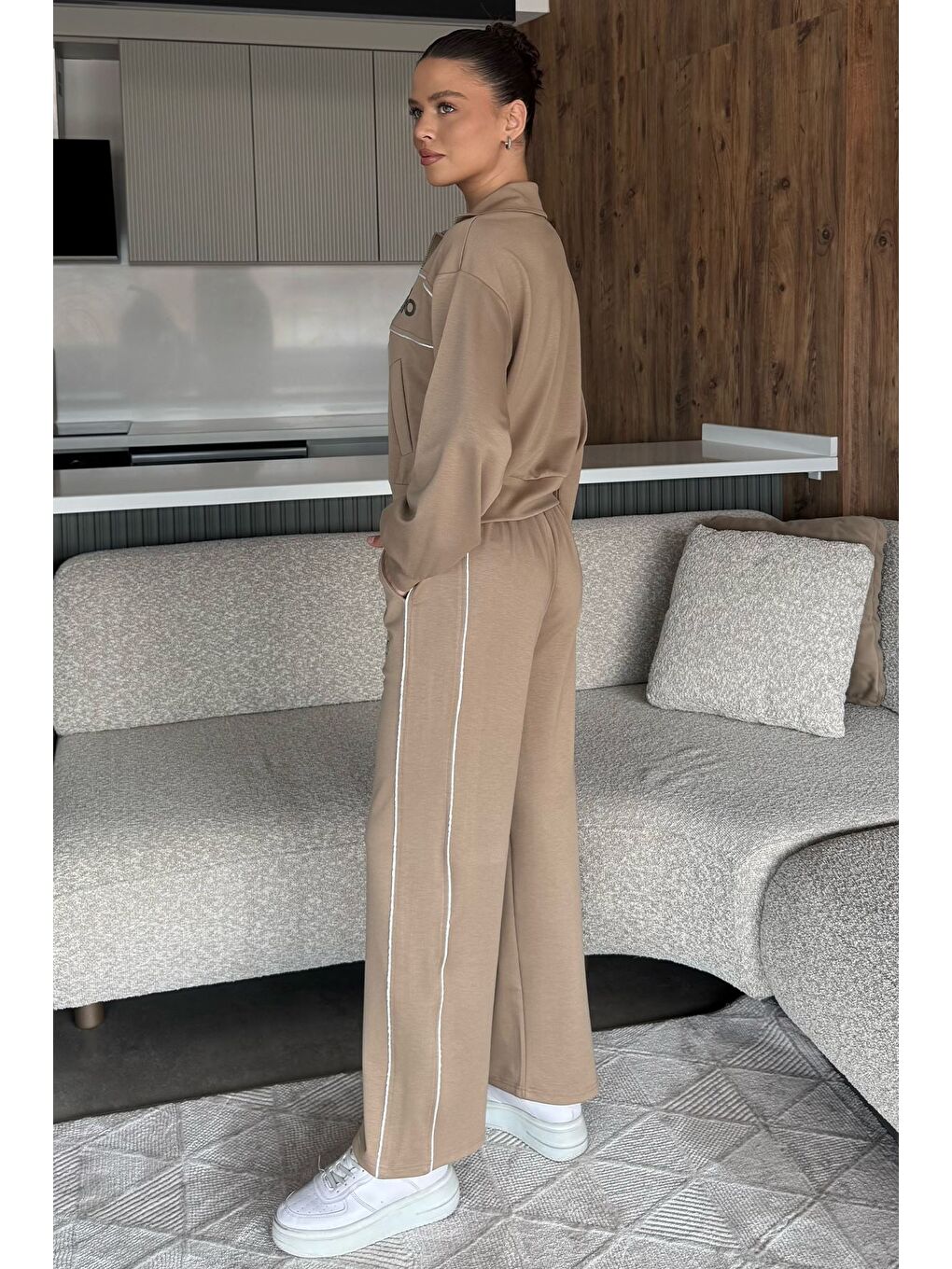 Bej Kadın Şeritli Bel Lastikli Palazzo Pantolon Fermuarlı Sweat İkili Takım-3