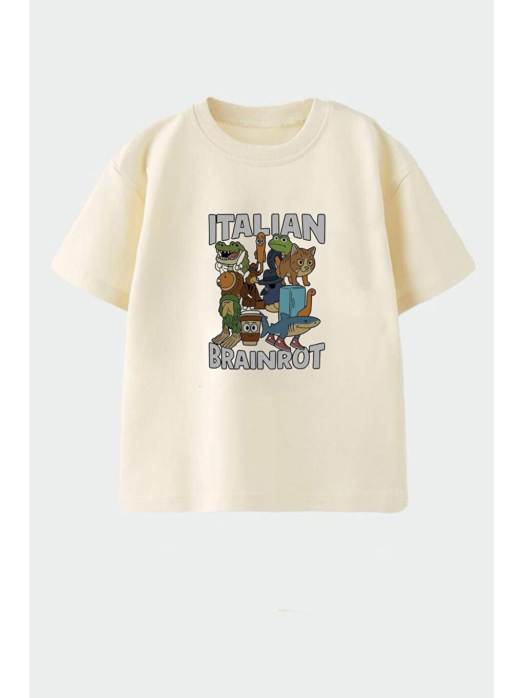 Bej Erkek Çocuk Pamuklu Bisiklet Yaka Baskılı T-Shirt