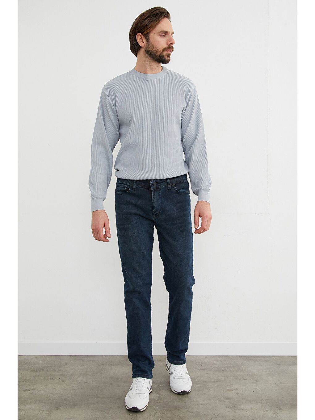 Mavi Fermuarlı Straight Jean Pantolon-2