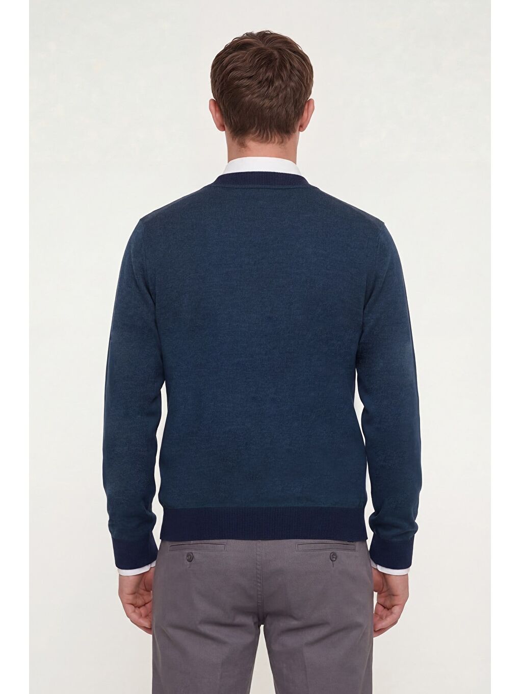 Giotelli Erkek Petrol Dar Kesim Slim Fit Yünlü Düz V Yaka Triko Kazak-3