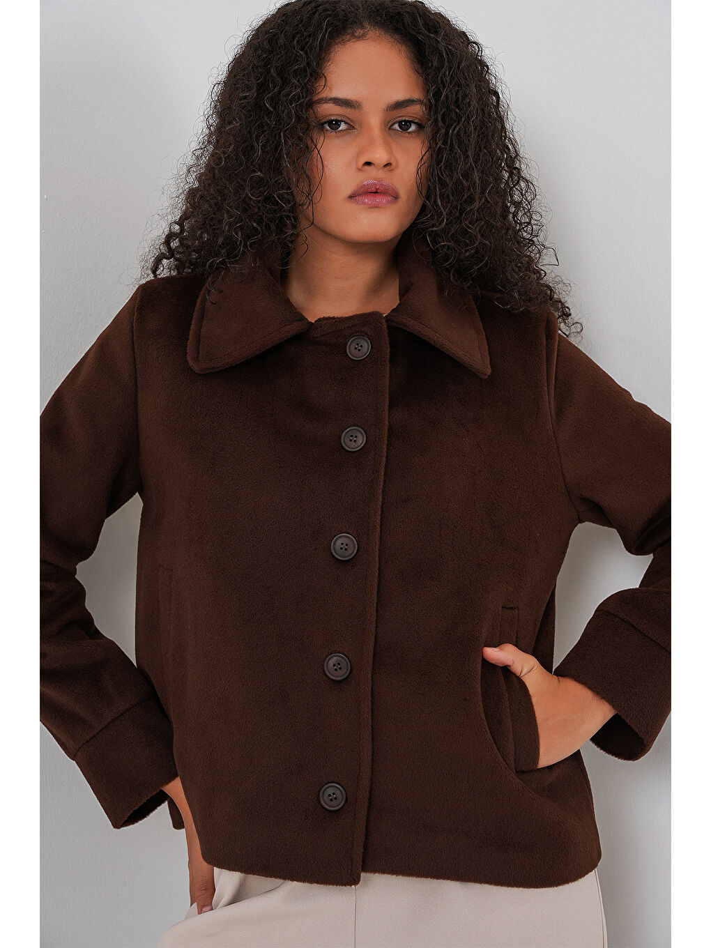Kadın Oversize Astarlı Kısa Kaşe Ceket 0726 - Kahverengi
