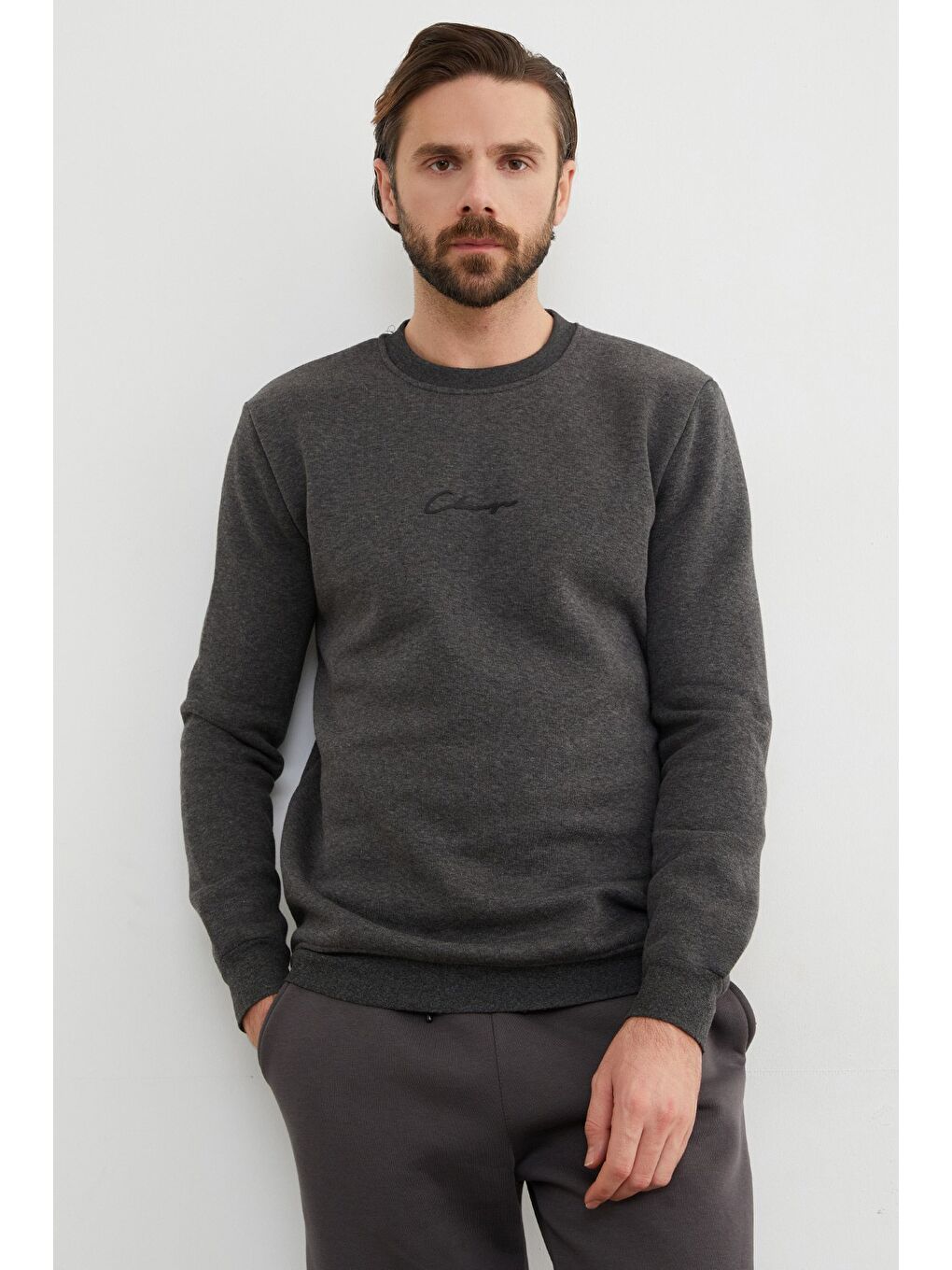 Antrasit 3 İplik Yazı Baskılı Bisiklet Yaka Sweatshirt