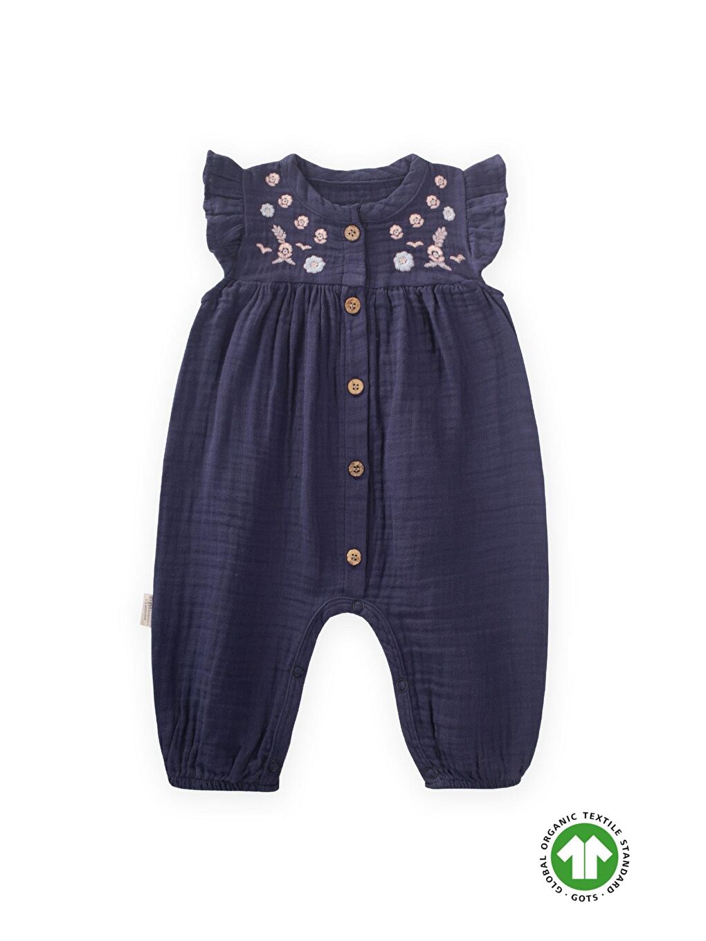 Organik Nakışlı Müslin Tulum 0-3 Yaş Lacivert