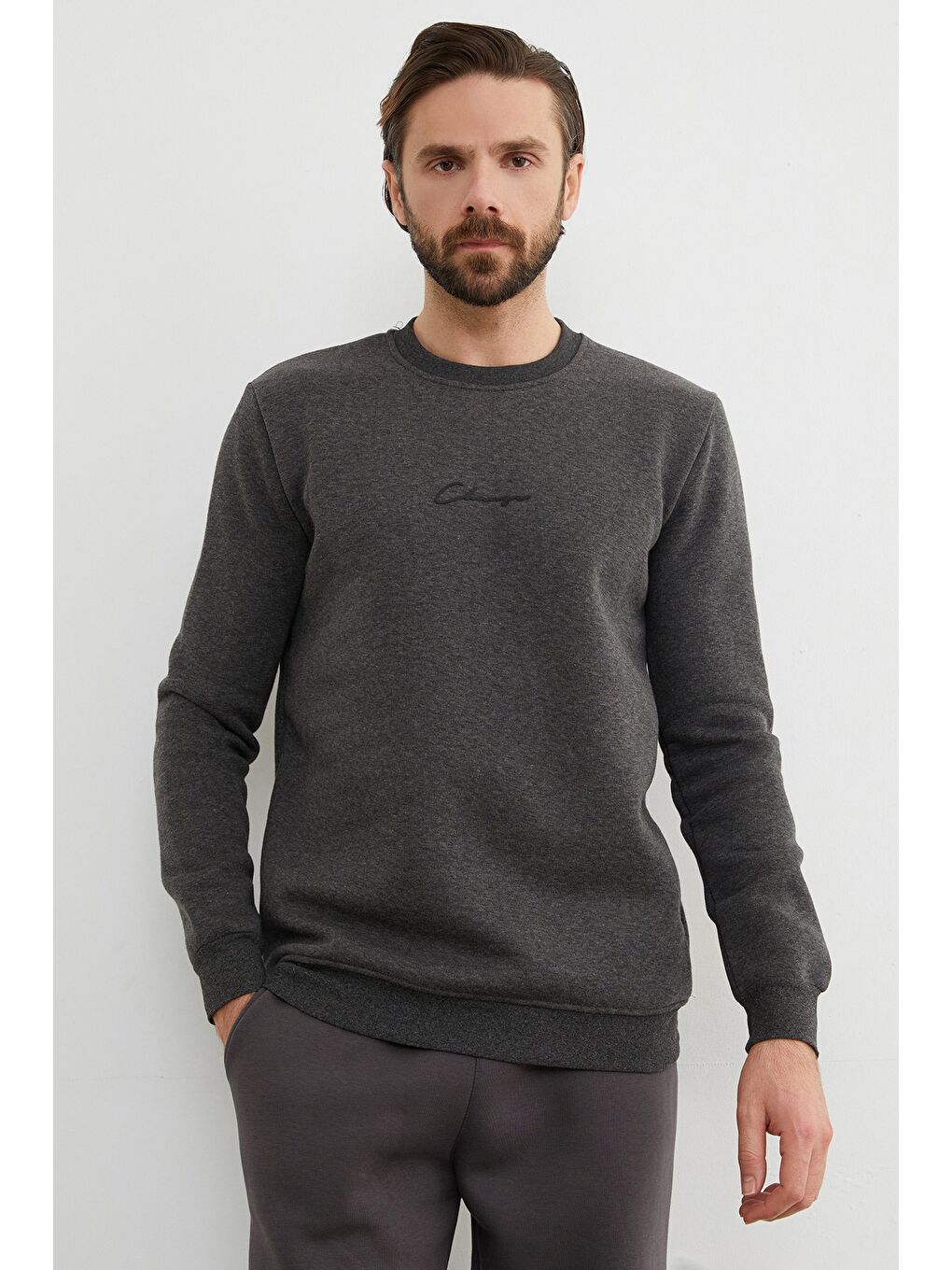 Antrasit 3 İplik Yazı Baskılı Bisiklet Yaka Sweatshirt-2