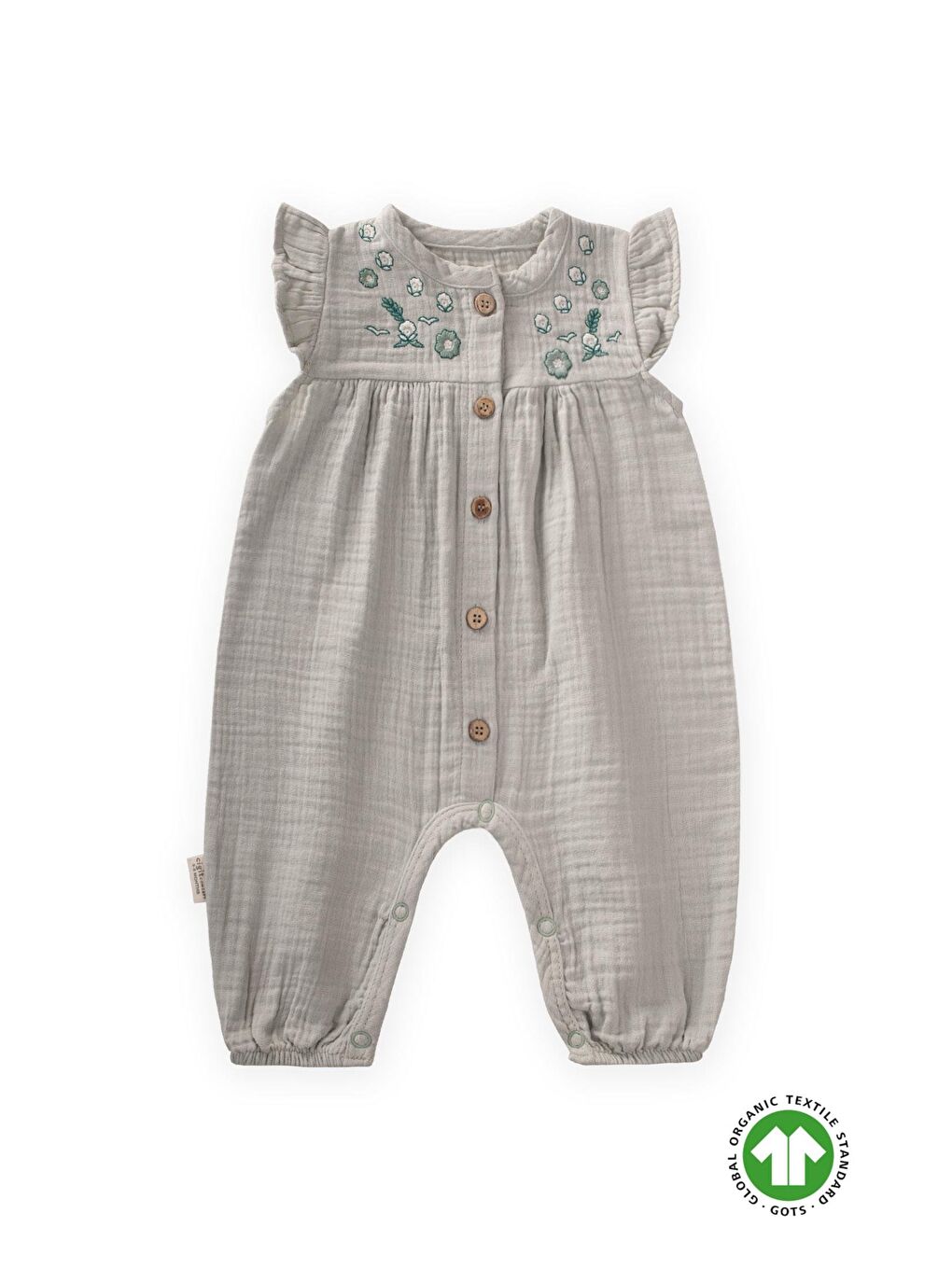 Organik Nakışlı Müslin Tulum 0-3 Yaş Su Yeşil