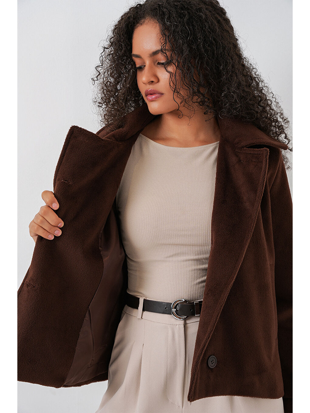 Kadın Oversize Astarlı Kısa Kaşe Ceket 0726 - Kahverengi-2