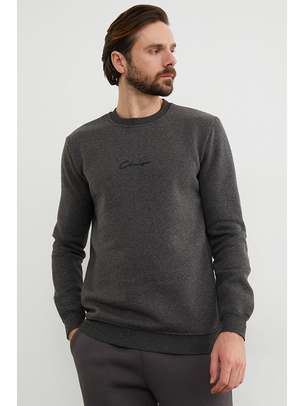 Antrasit 3 İplik Yazı Baskılı Bisiklet Yaka Sweatshirt-3