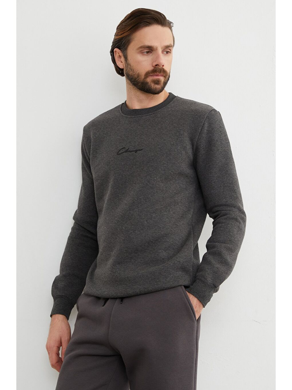 Antrasit 3 İplik Yazı Baskılı Bisiklet Yaka Sweatshirt-4