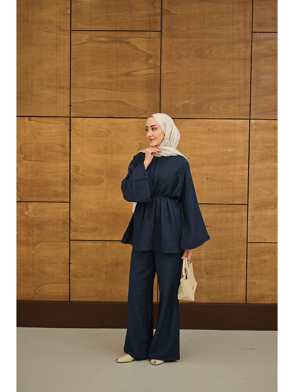 Kadın Brode Şerit Detaylı Takım Lacivert-2