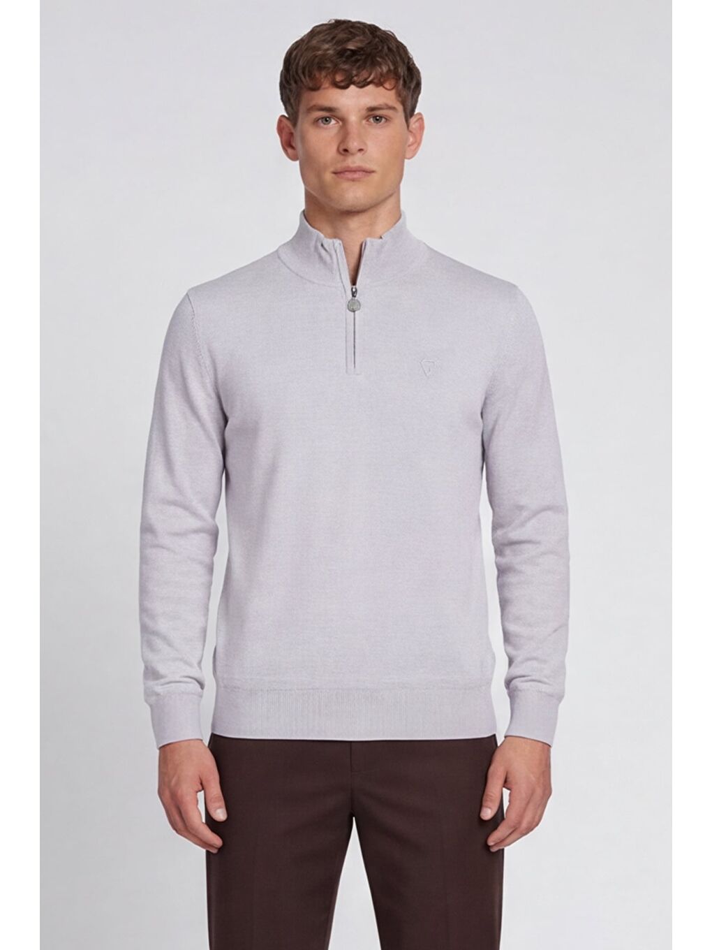 Giotelli Erkek Gri Normal Kesim Regular Fit Pamuklu Fermuarlı Yarım Balıkçı Yaka Triko Kazak