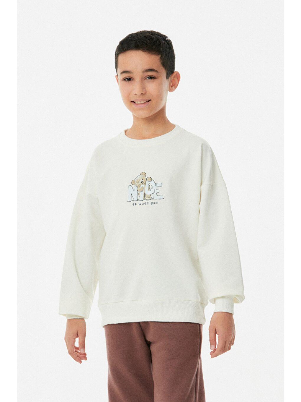 Ekru Baskılı Bisiklet Yaka Erkek Çocuk Sweatshirt