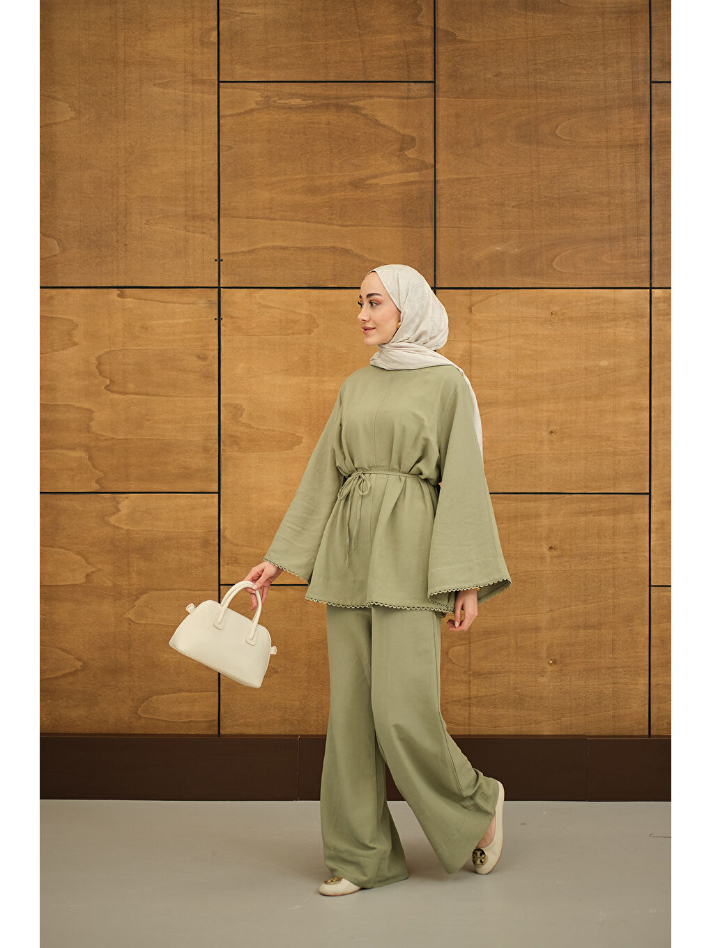 Kadın Brode Şerit Detaylı Takım Fıstık Yeşil-1