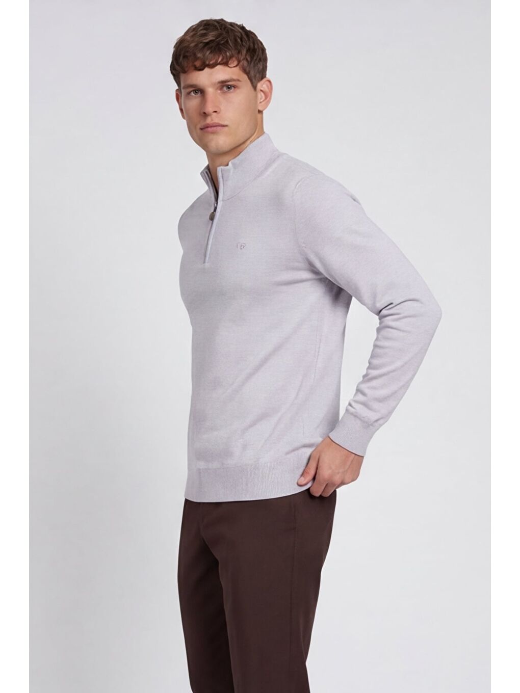 Giotelli Erkek Gri Normal Kesim Regular Fit Pamuklu Fermuarlı Yarım Balıkçı Yaka Triko Kazak-3
