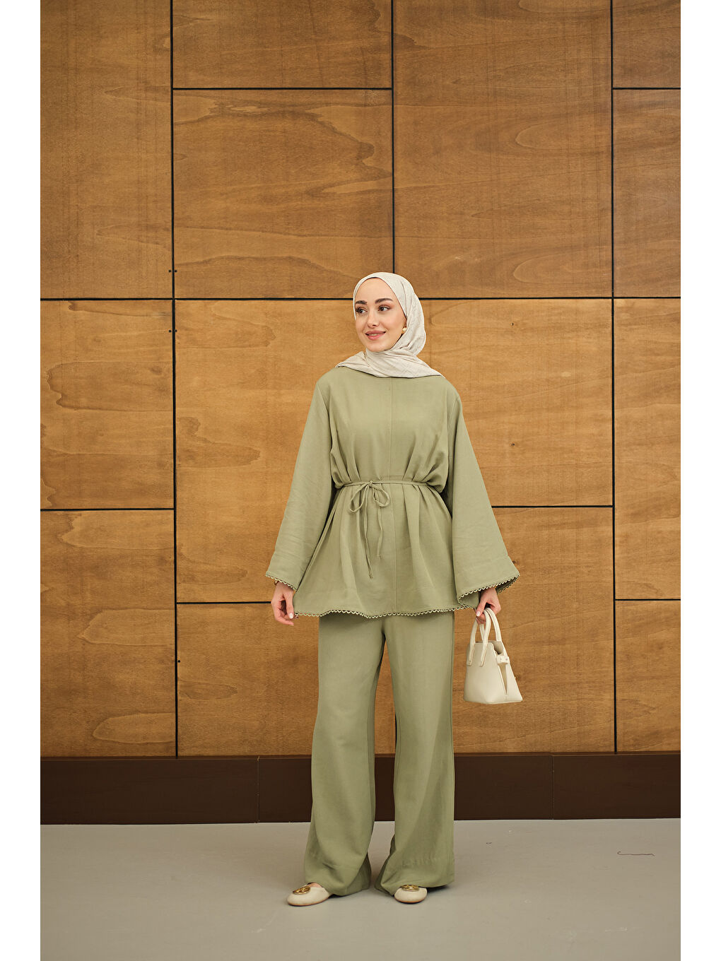 Kadın Brode Şerit Detaylı Takım Fıstık Yeşil-3