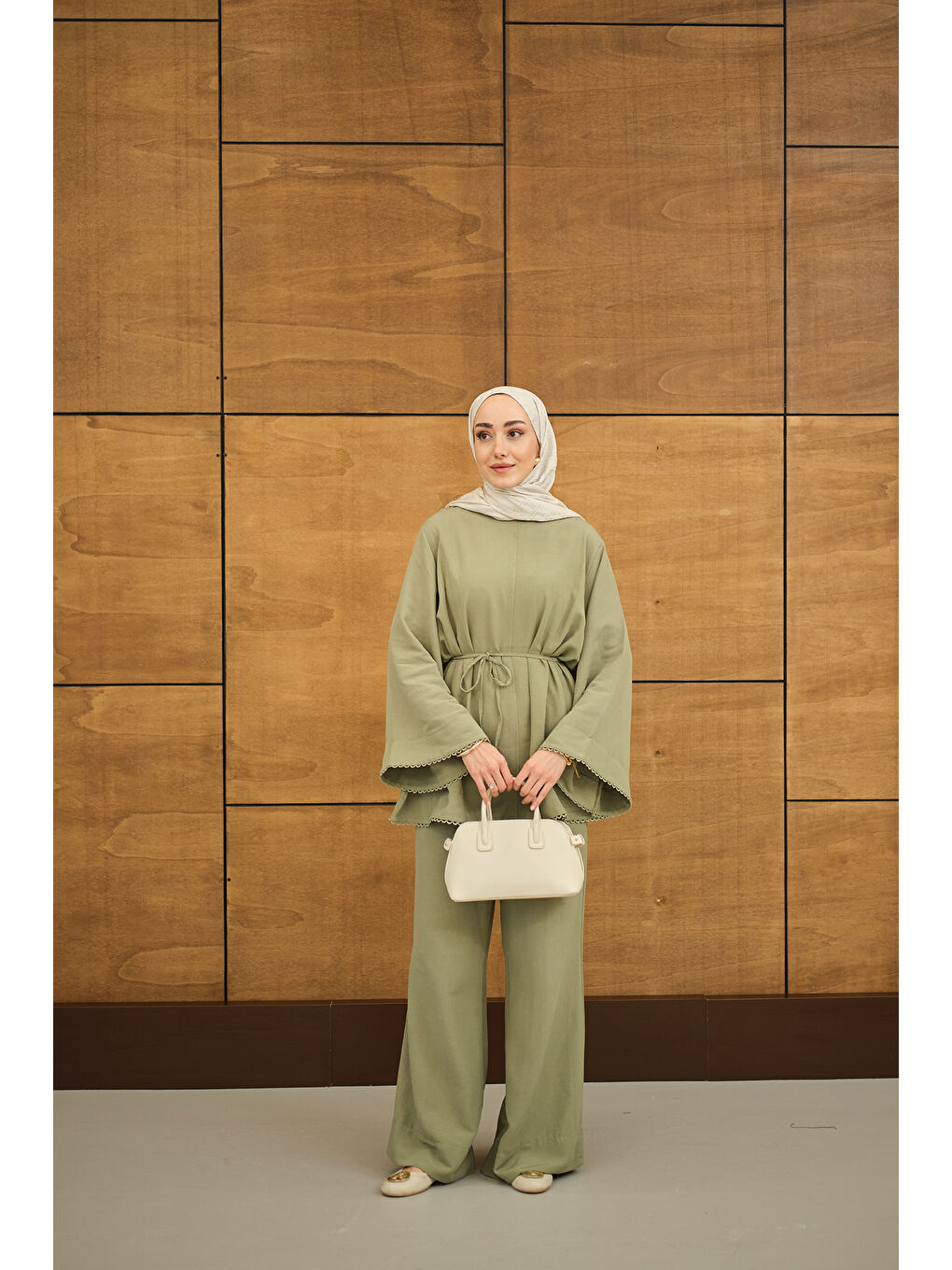 Kadın Brode Şerit Detaylı Takım Fıstık Yeşil-4
