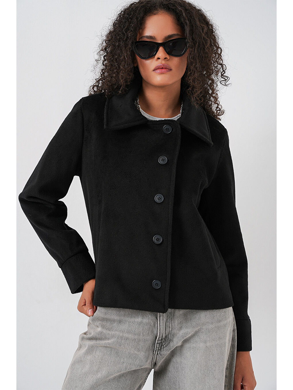 Kadın Oversize Astarlı Kısa Kaşe Ceket 0726 - Siyah