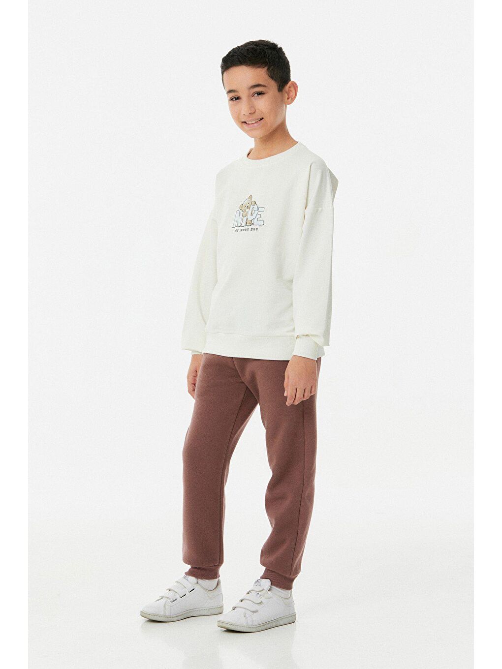 Ekru Baskılı Bisiklet Yaka Erkek Çocuk Sweatshirt-1