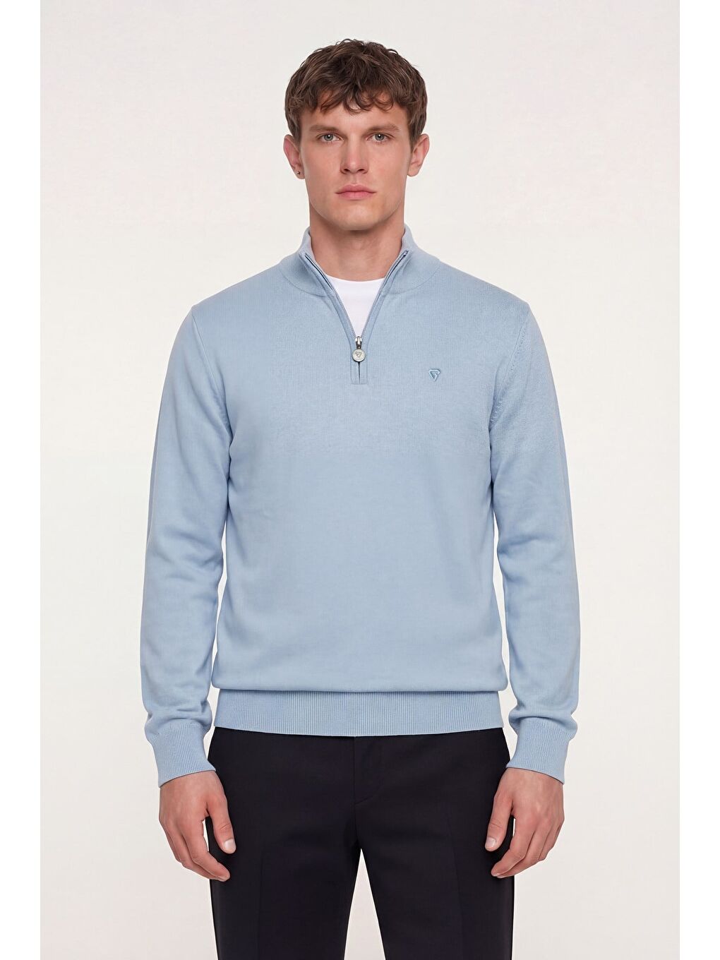 Giotelli Erkek Mavi Normal Kesim Regular Fit Pamuklu Fermuarlı Yarım Balıkçı Yaka Triko Kazak