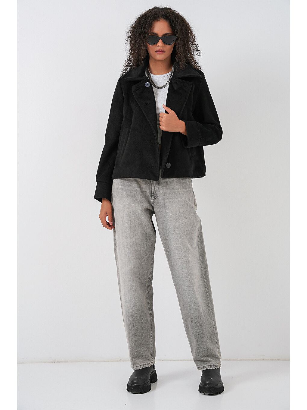 Kadın Oversize Astarlı Kısa Kaşe Ceket 0726 - Siyah-1