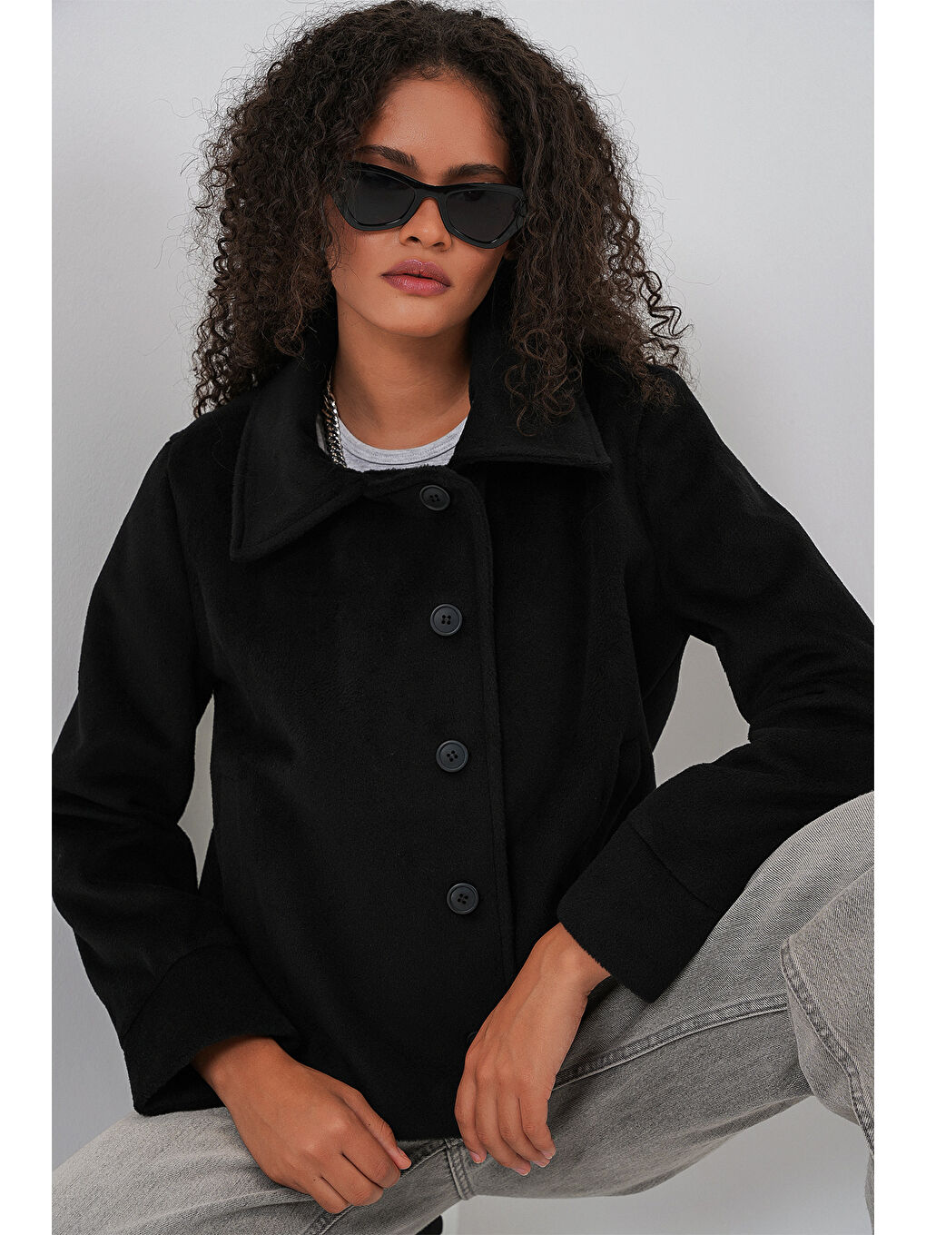 Kadın Oversize Astarlı Kısa Kaşe Ceket 0726 - Siyah-2