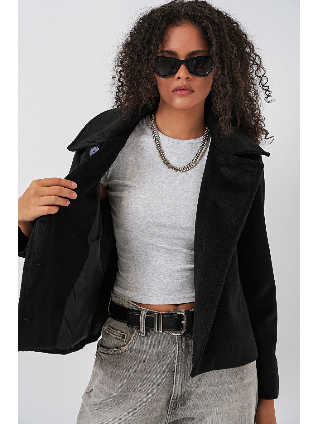 Kadın Oversize Astarlı Kısa Kaşe Ceket 0726 - Siyah-3