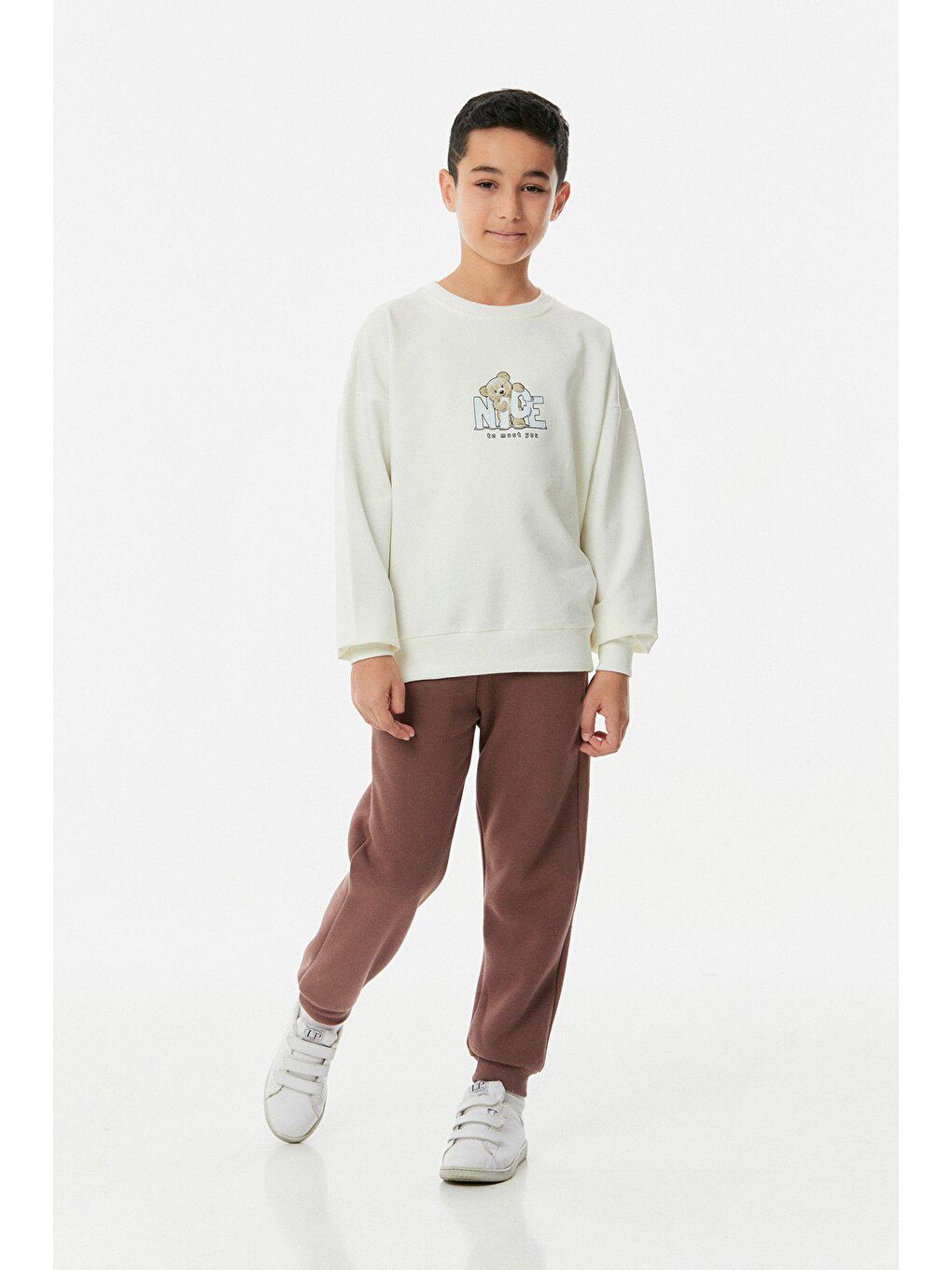 Ekru Baskılı Bisiklet Yaka Erkek Çocuk Sweatshirt-2