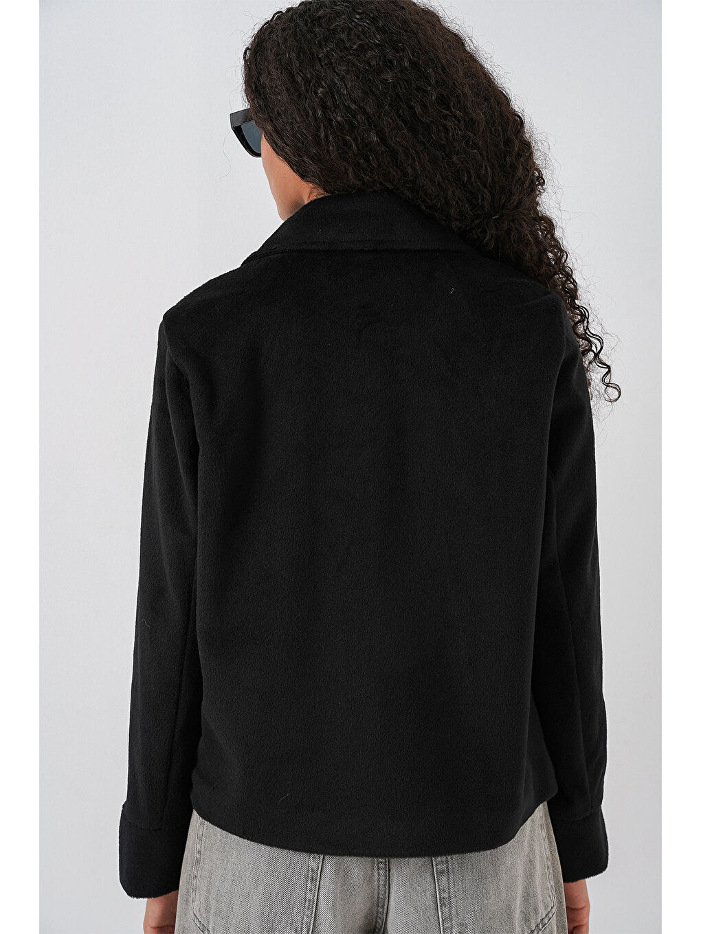 Kadın Oversize Astarlı Kısa Kaşe Ceket 0726 - Siyah-5