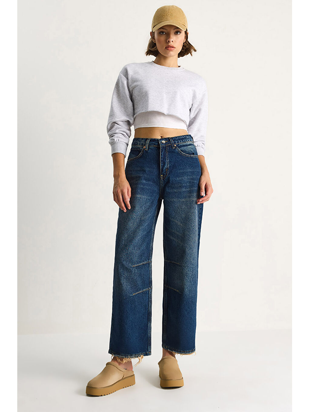 Lacivert Kadın Baggy Fit Yüksek Bel Düz Paça Denim Pantolon