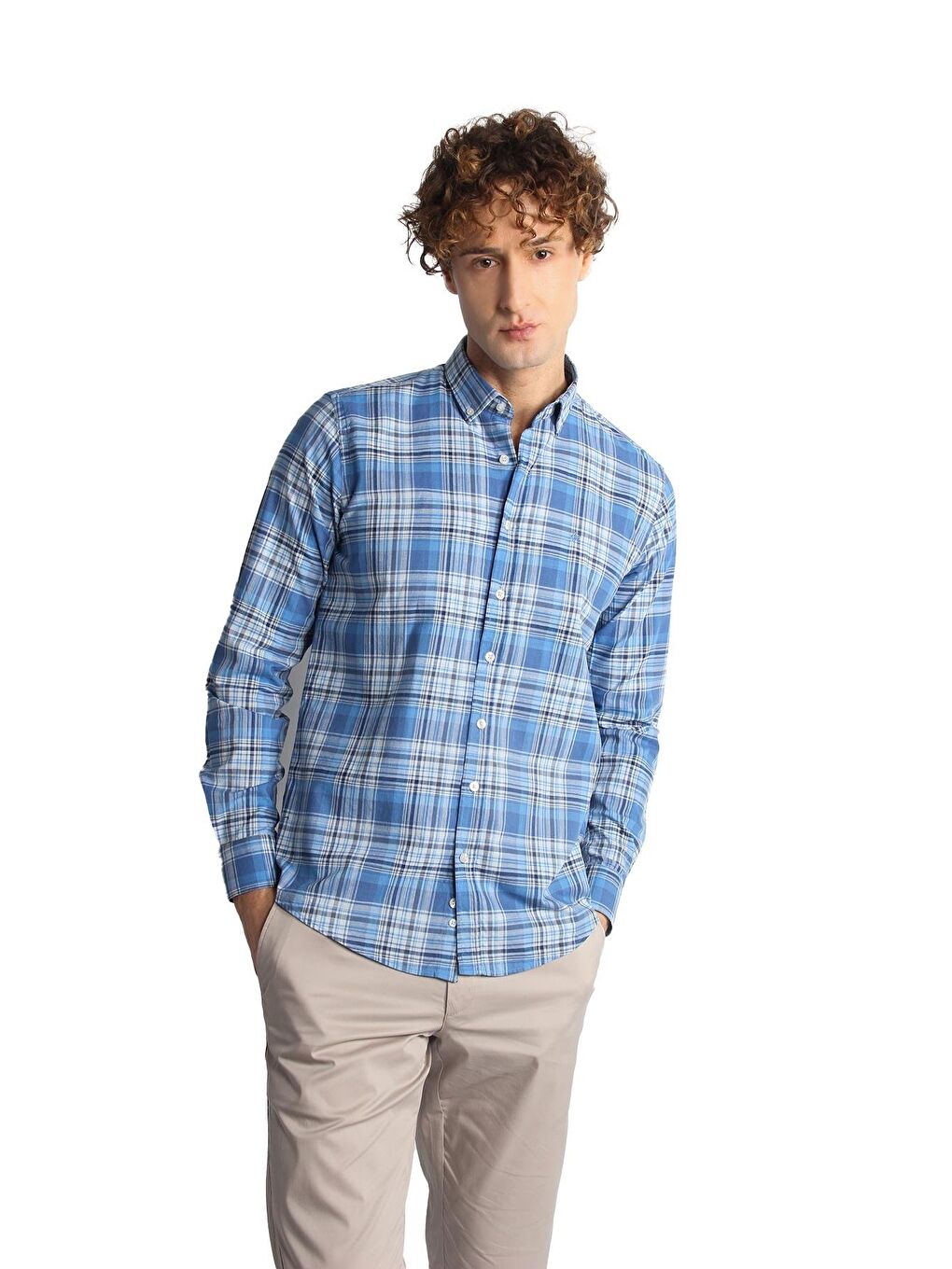 Mavi Dynamic Fit  Düğmeli Yaka Ekose Uzun Kollu Cepsiz %100 Pamuk Gömlek