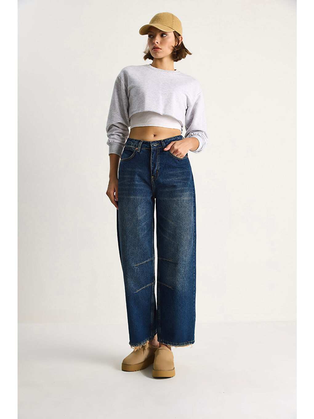 Lacivert Kadın Baggy Fit Yüksek Bel Düz Paça Denim Pantolon-1