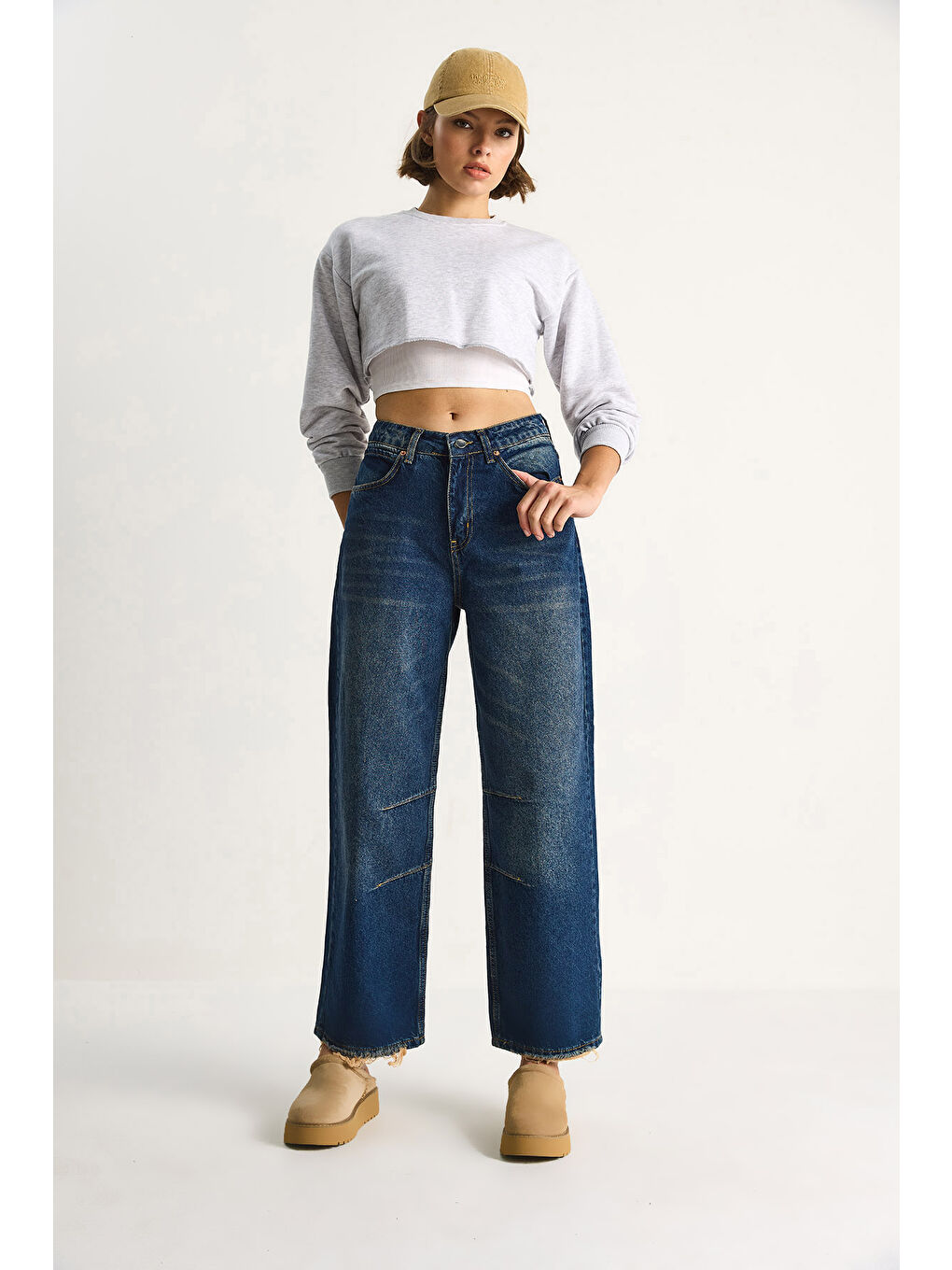 Lacivert Kadın Baggy Fit Yüksek Bel Düz Paça Denim Pantolon-2