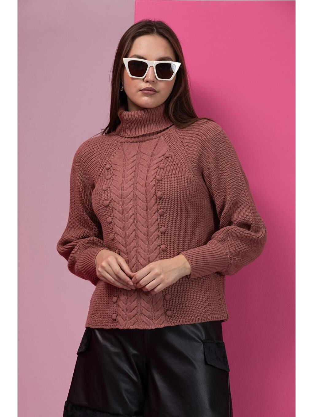 Pembe Kadın Saç Örgülü Bisiklet Yaka Triko Kazak