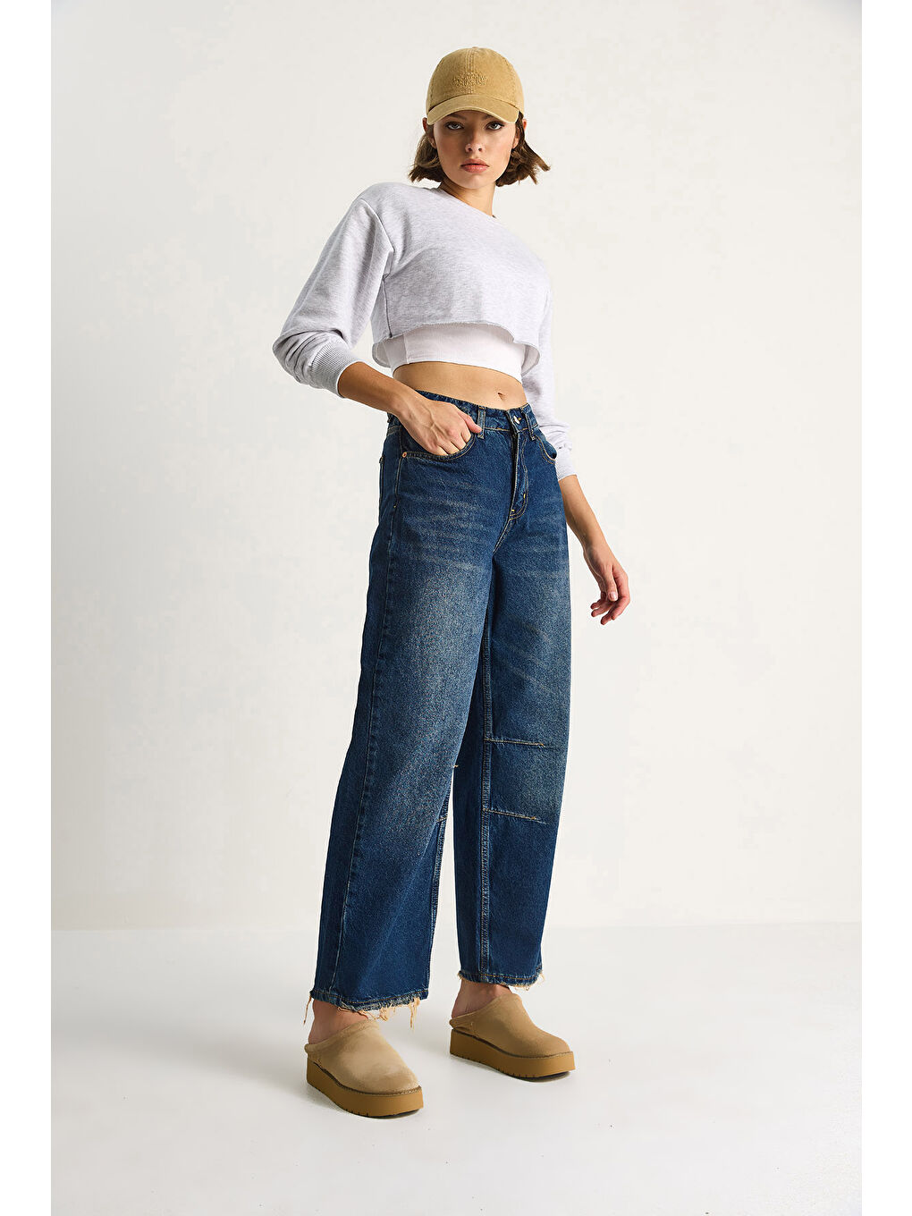 Lacivert Kadın Baggy Fit Yüksek Bel Düz Paça Denim Pantolon-3