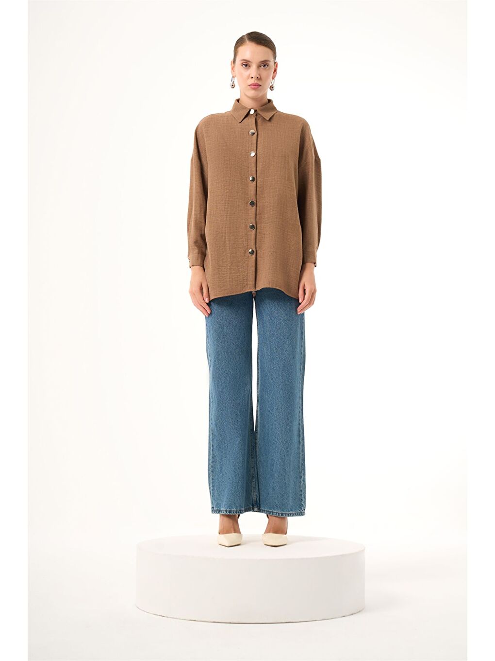 Kahverengi Keten Dokulu Over Kahve Tunik-1