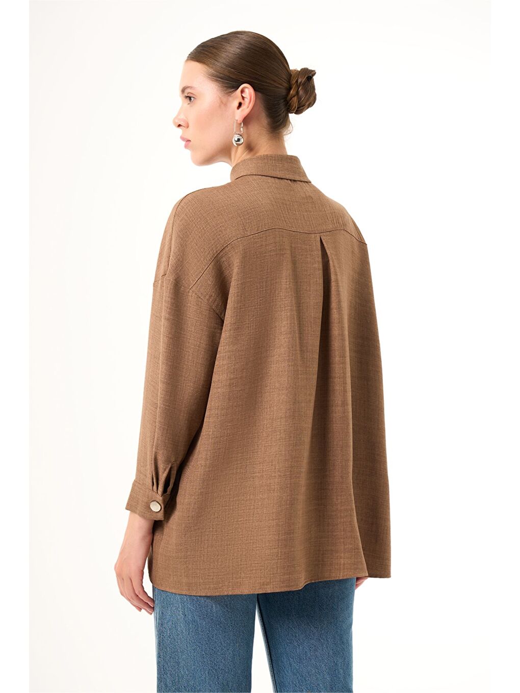Kahverengi Keten Dokulu Over Kahve Tunik-2