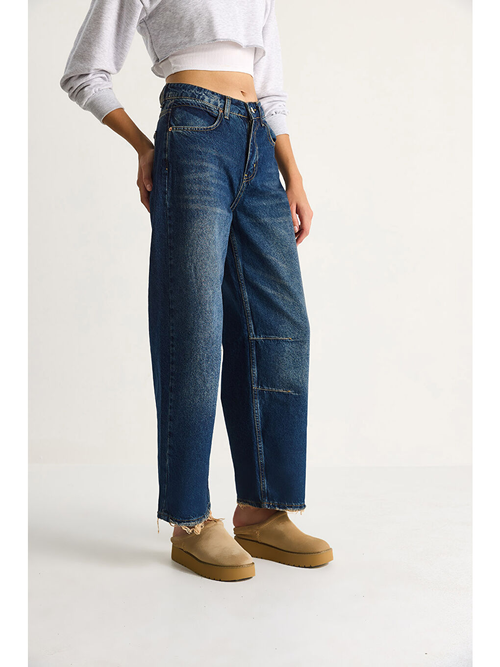 Lacivert Kadın Baggy Fit Yüksek Bel Düz Paça Denim Pantolon-4