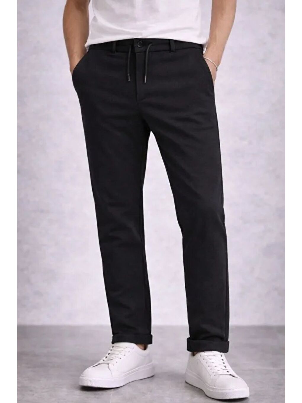 Erkek Diagonel Mikro Dokulu Duble Paça Cepli Pantolon Bağcıklı Bel, Modern Kesim - Siyah