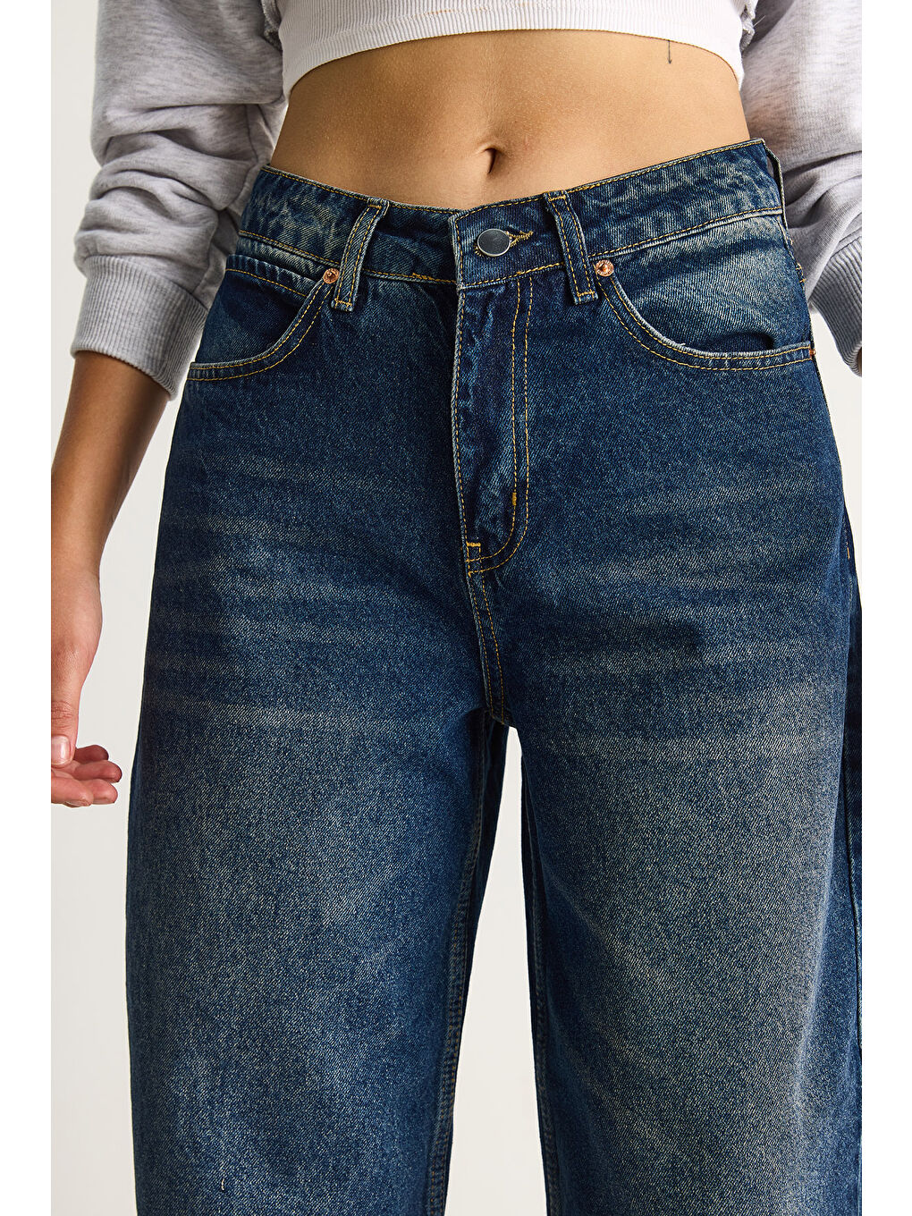 Lacivert Kadın Baggy Fit Yüksek Bel Düz Paça Denim Pantolon-5