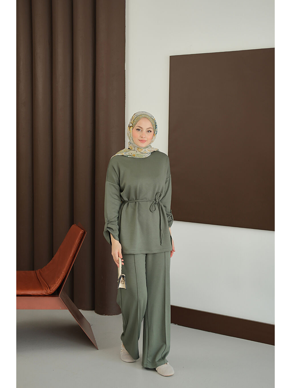 Kadın Bel Bağlamalı İkili Takım Koyu Yeşil-4